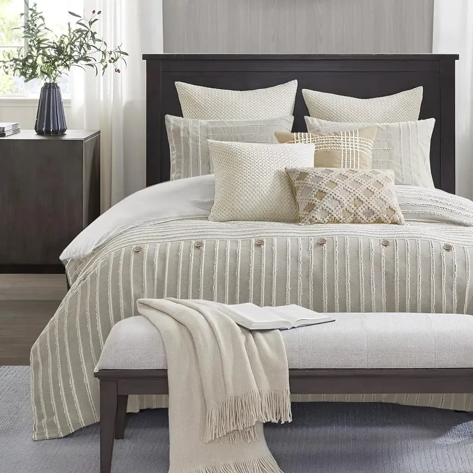 MADISON PARK SIGNATURE Queen Comforter Set Clipped Jacquard Stripes with Buttons Boho Comforter for a Queen-Size Bed, Cotton Oversized Comforters with Removable Cover Boho Bedding, Queen Ivory 8 Piece