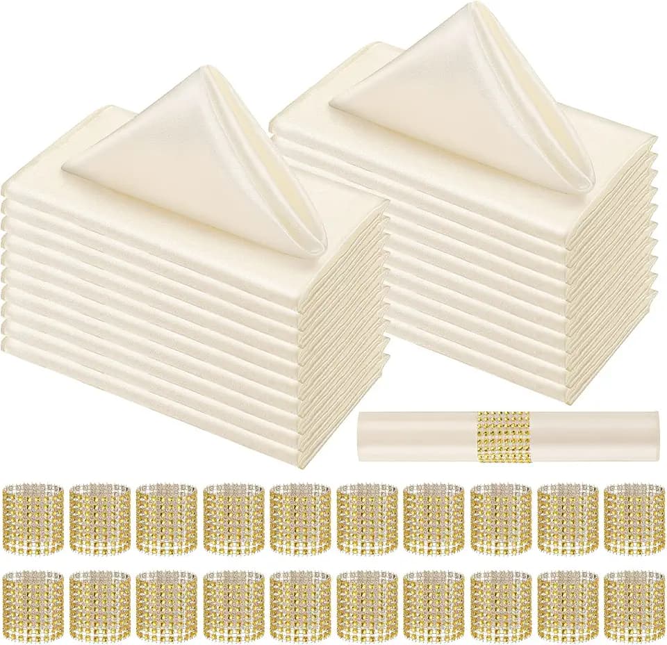 Tatuo 50 Sets Ivory Satin Napkins and Rings Set, Ivory