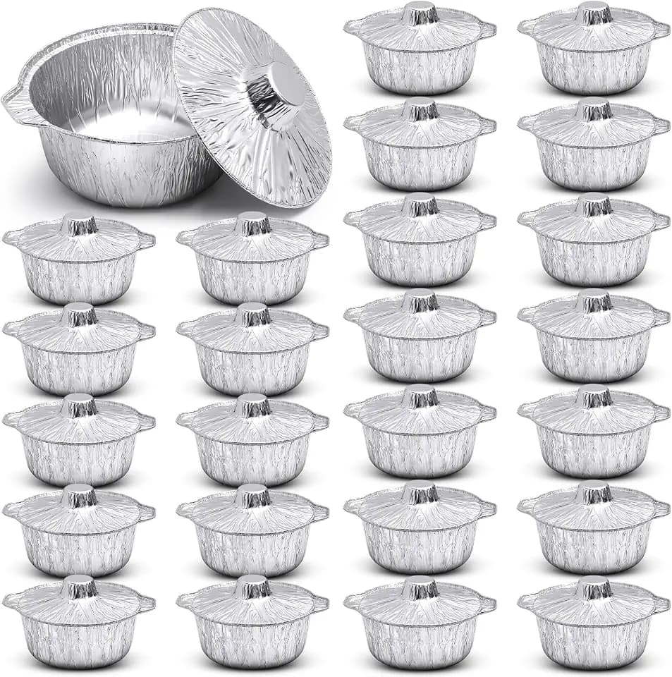 Ziliny 24 Pcs Disposable Aluminum Pot with Lid Round Foil Pans Disposable Cookware Food Container for Vacation Trips Camping Baking Heating Cooking (74.4 oz)