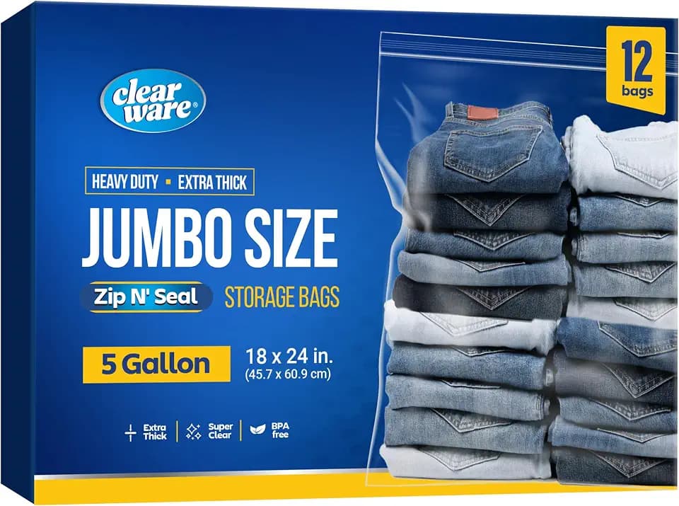 12 Large Storage Bags With Zipper Top - 5 Gallon Bags 18" x 24", Extra Large Plastic for Clothes, Travel, Moving, Large Reusable freezer bags, BPA-Free, 2-mil Thick