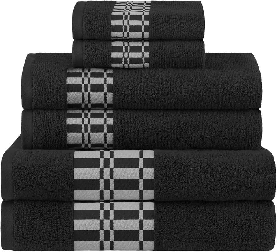 Superior 6-Piece Cotton Towel Set, Geometric Design, Dobby Border, Plush Quick Dry Towels, Decorative Bathroom, Spa, Includes 2 Bath, 2 Hand, 2 Face Towels/ Washcloth, Larissa Collection, Black