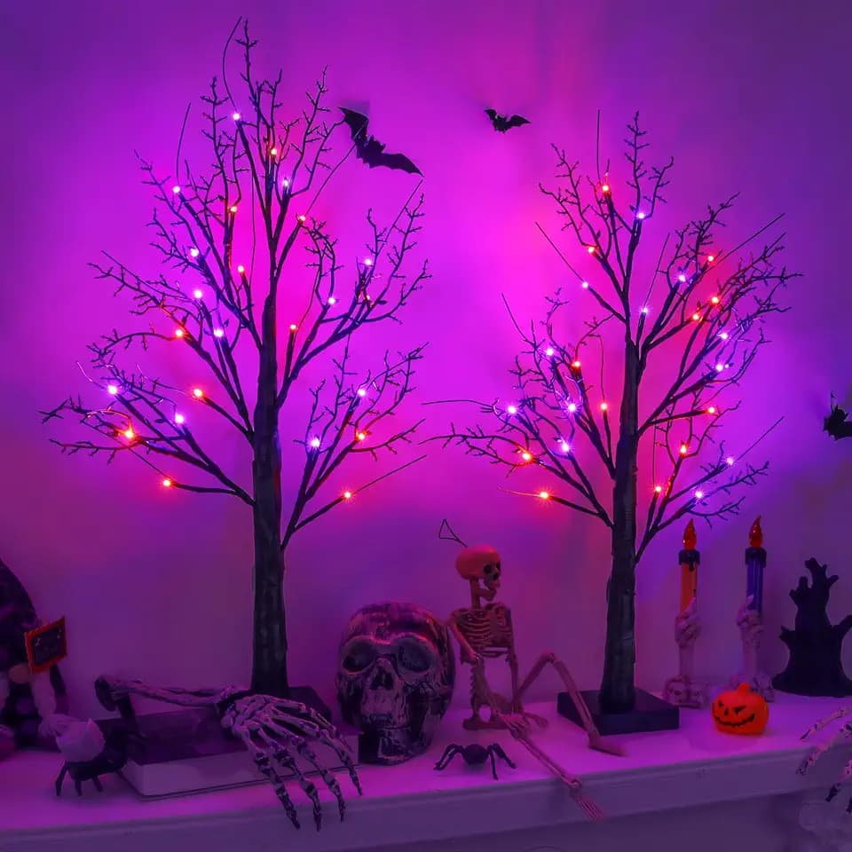 Halloween Indoor Decorations 2 Pack 24 Inch Black Halloween Tree with 24 Orange Purple Led Lights, Timer/USB/Battery Operated Lighted Spooky Tabletop Tree for Halloween Decor Home Table Holiday Party