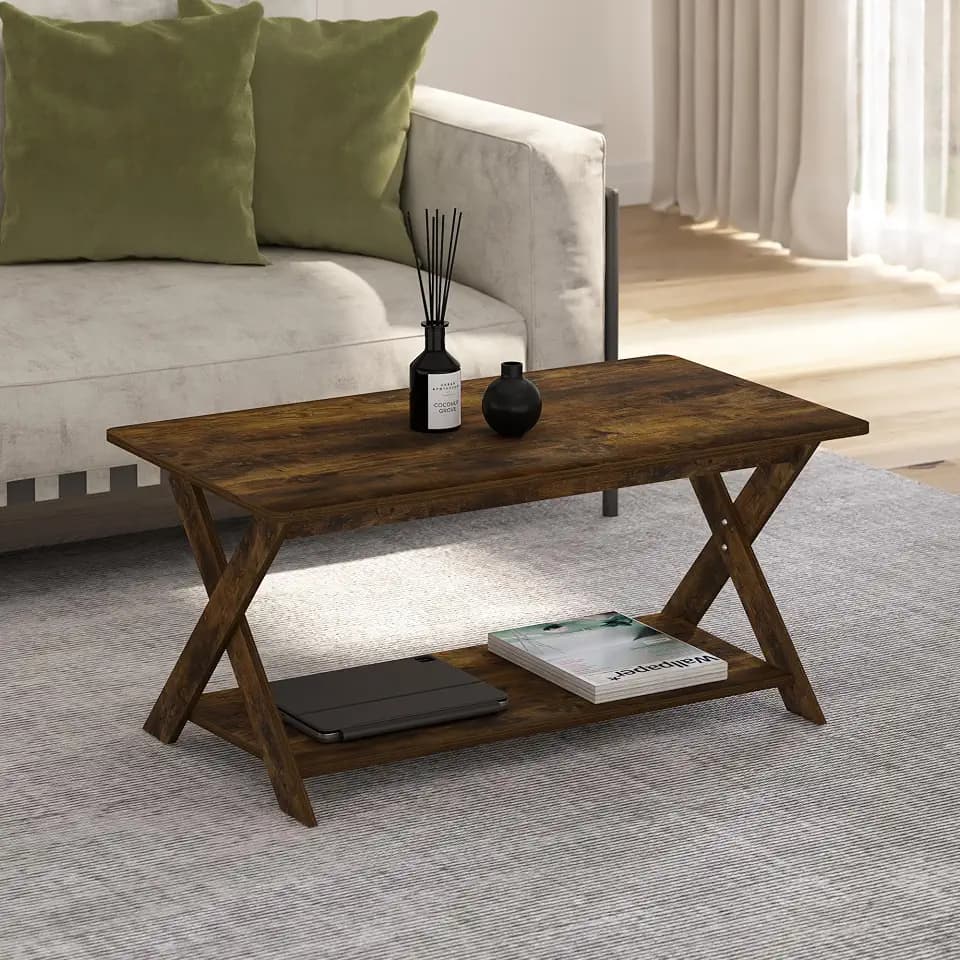 Furinno Modern Simplistic Coffee Table, Rectangle Center Table with X-Legs, Criss-Crossed Side Table, for Living Room, Bedroom, Home Office, Amber Oak