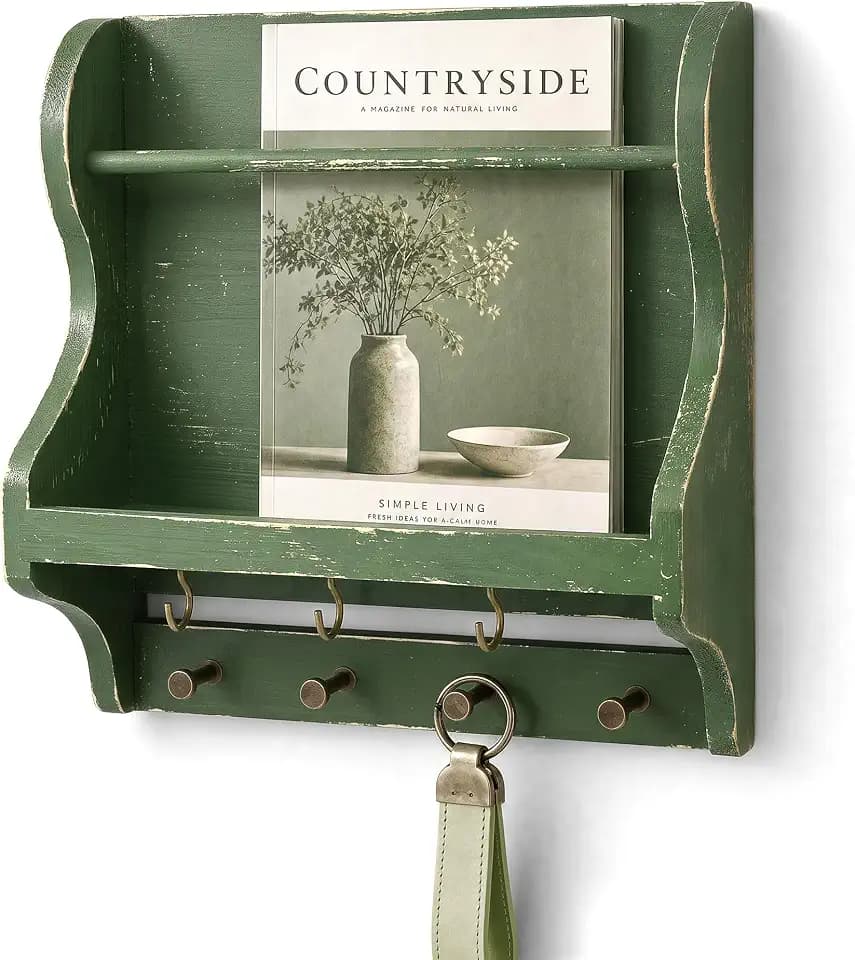 Pine Wood Mail Organizer Wall Mount with 7 Key Hooks for Room Decor, Green