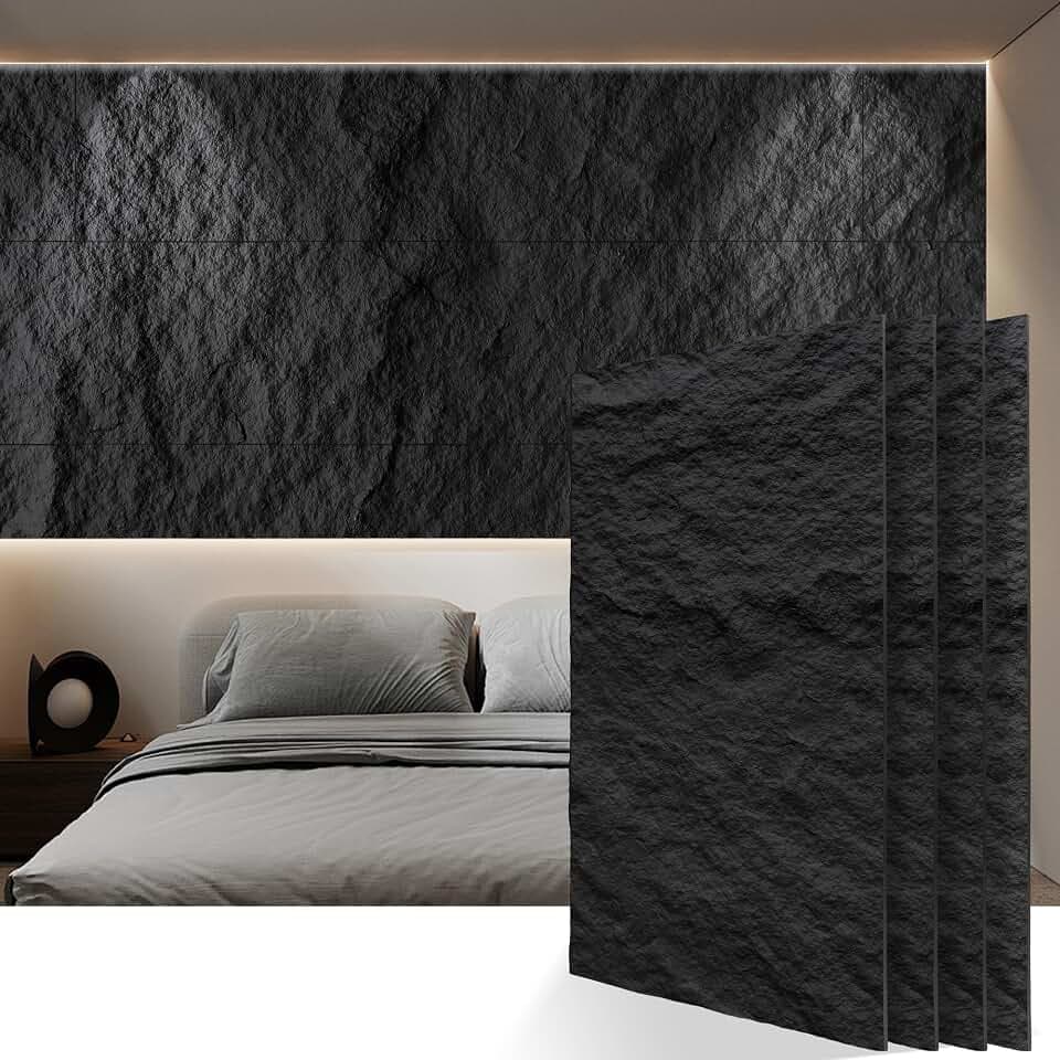 3D Faux Stone PU Wall Panels for Interior Decor, 4 Pieces, Dark Black