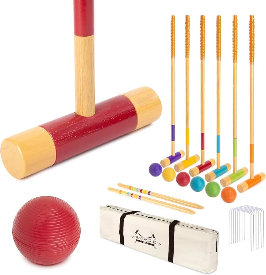 GoSports Six Player Croquet Set - Choose Deluxe (35") or Standard (28") - Modern Wood Design