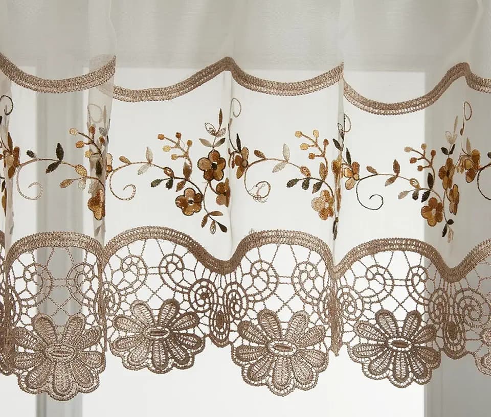 Today's Curtain, Vintage Macramé Organza Valance 14", Ecru/Gold, 58" W x 14" L