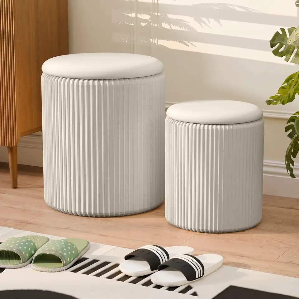 Round Ottoman with Storage Set of 2, Breathable Cotton & 300LBS Engineered Wood Frame, Nesting Side Table with Blanket Storage, No Assembly Cozy Vanity Stools for Living Room, Beige