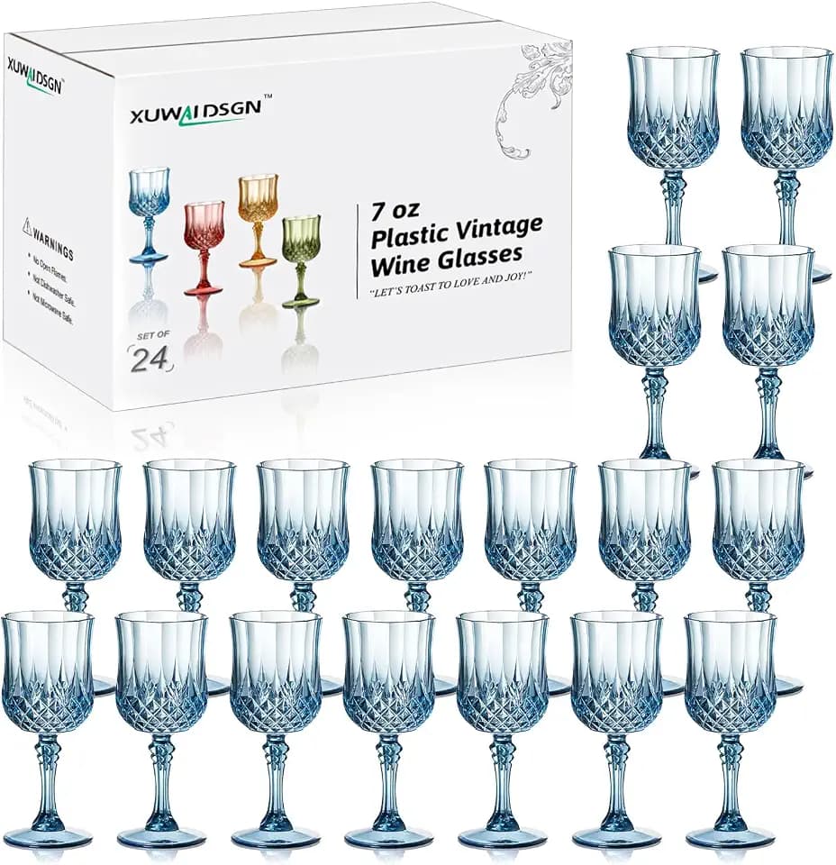 XUWAIDSGN 24Pcs Plastic Vintage Wine Glasses 7oz Reusable Embossed Goblet Glasses Pink Retro Wine Glassware Unbreakable Stemmed Champagne Water Cups for Wine Cocktail Juice Wedding (24, Blue)