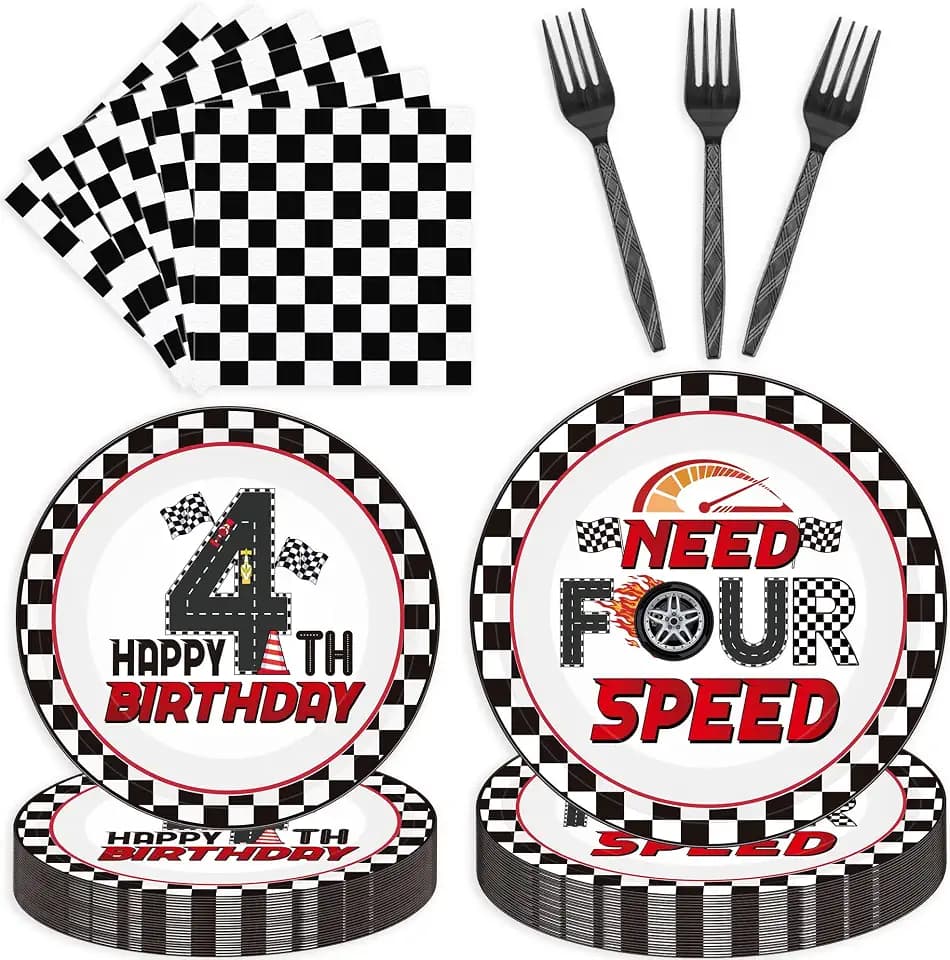 96 Pcs Need Four Speed Birthday Decorations, Race Car Plates Napkins Forks