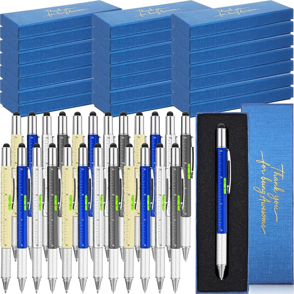 AmazingSpark 20 Sets Fathers Day Bulk Gifts:6 in 1 Multi Tool Pens with Motivational Quote Boxes Bulk Multi Tools for Dad Husband Male Employee Fathers Day Appreciation Gifts (Colorful,Blue Box)