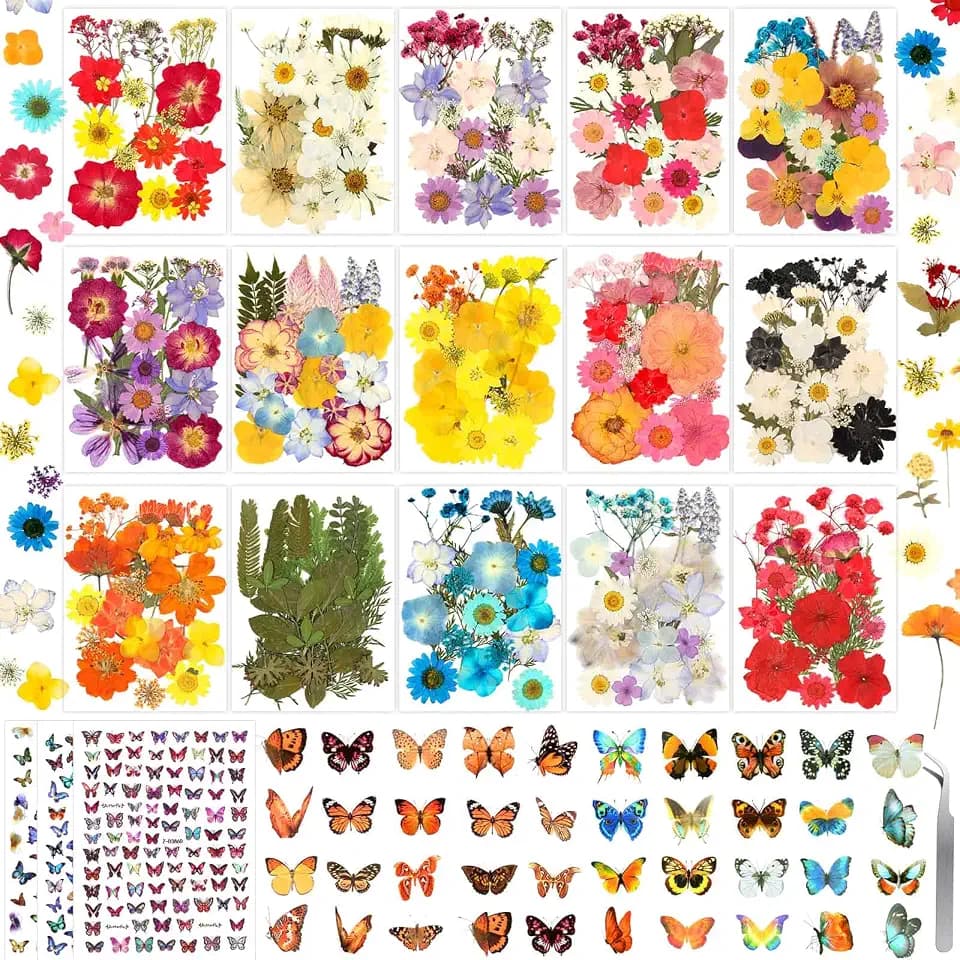 630 Pcs Real Dried Pressed Flowers & Butterfly Stickers for Resin Crafts