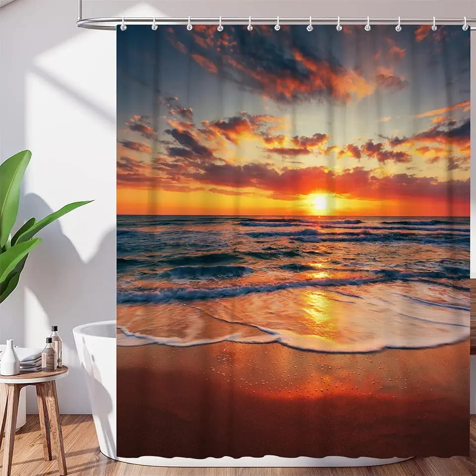 Beach Sunset Shower Curtain, Hawaii Seashore Ocean Waves Sunrise Coastal Shower Curtains, Tropical Summer Seaside Sunset Scenery Shower Curtains Set Polyester Fabric 71x71 inch