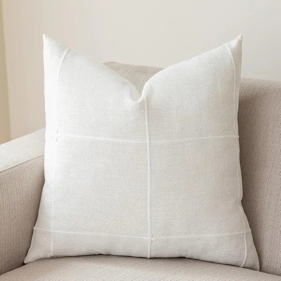 vctops Rustic Lattice Cotton Linen Decorative Throw Pillow Cover Embroidery Square Cushion Cover Pillowcase for Sofa Bedroom Couch (Plaid White, 18"x18")