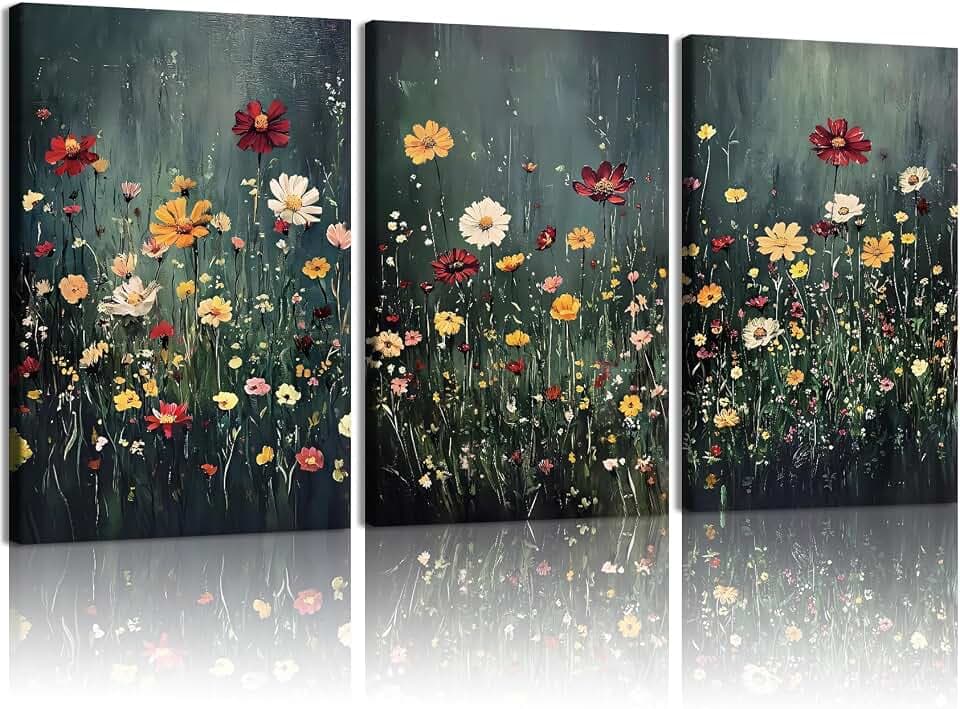 EEYNAQQ Dark Green Wildflower Wall Art, 3-Piece Moody Floral Canvas Painting, Colorful Flower Wall Decor for Living Room Bedroom Bathroom, 16x24 Inches Ready to Hang