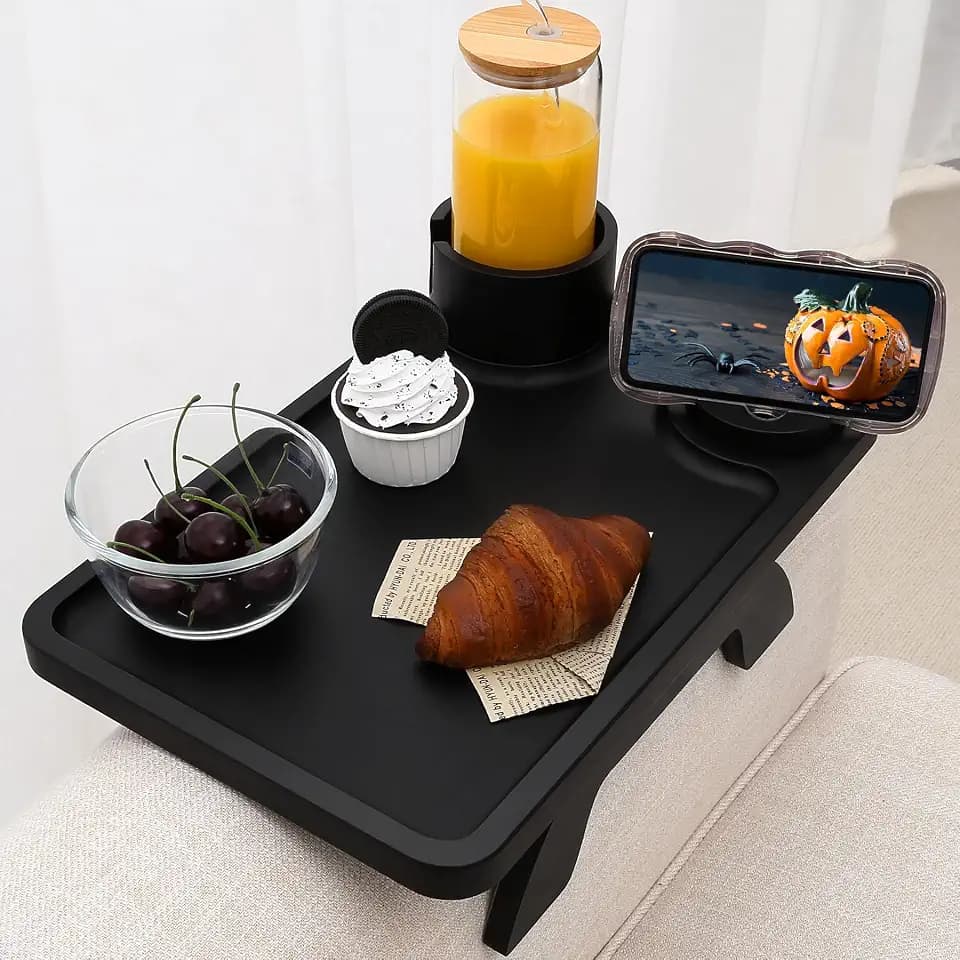 Nnewvante Couch Armrest Table 3 in 1 Bamboo Sofa Arm Clip-on Tray, Black