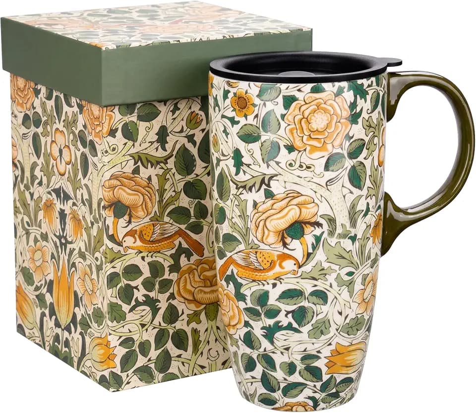 Topadorn 17oz Ceramic Travel Mug with Lid, William Morris Bird & Rose