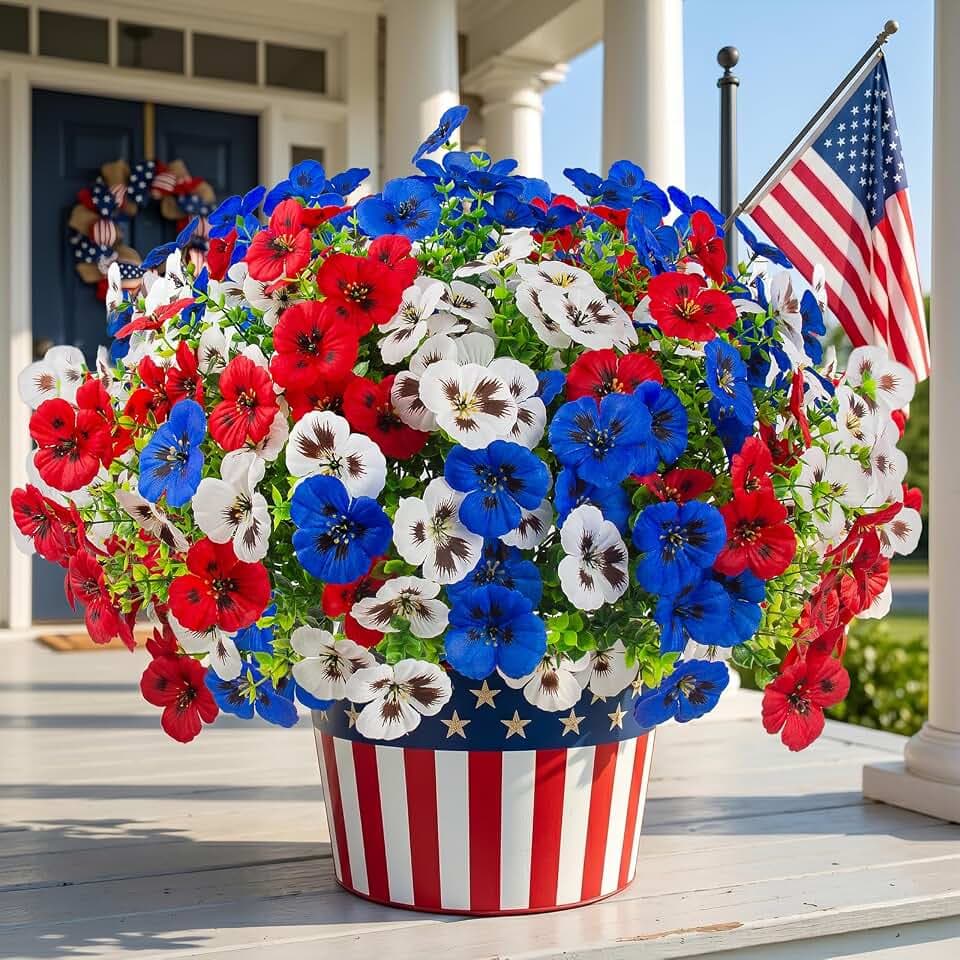 36 Pcs Artificial Fake Pansy Flowers for Outdoor, UV Resistant Faux Silk Pansies Patriotic Flowers for Outside for Planter Front Door Porch Patio Window 4th of July Home Decor(36, Red, White, Blue)