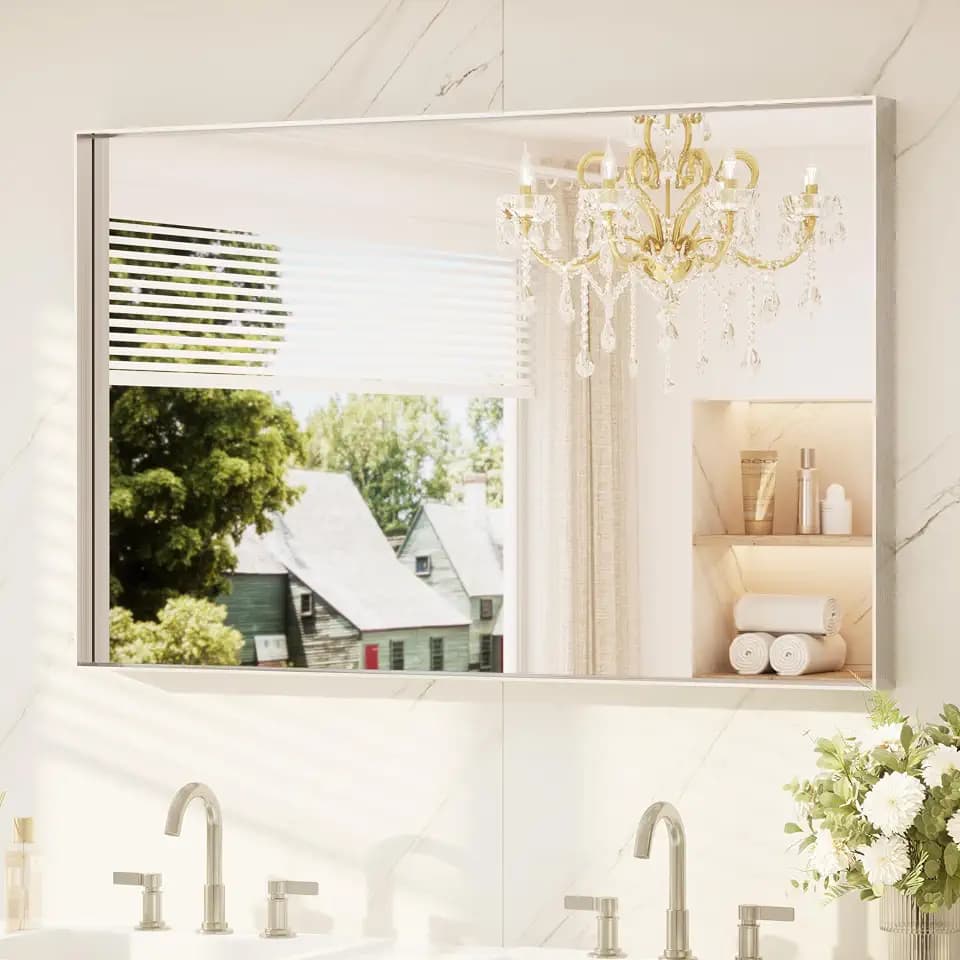 TETOTE Brushed Nickel Mirror 48" x 30" Bathroom Vanity Mirror for Over Sink Brushed Nickel, Tempered Glass, Modern Farmhouse Rectangle Frame Wall Mirrors for Bathroom, Bedroom, Entryway, Living Room