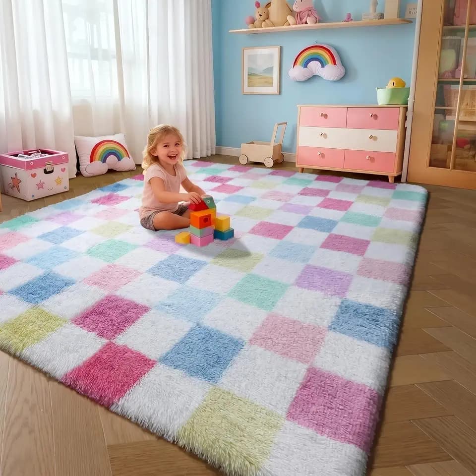 KICMOR Pink Rainbow Checkered Rug for Living Room 5x7 Fluffy Soft