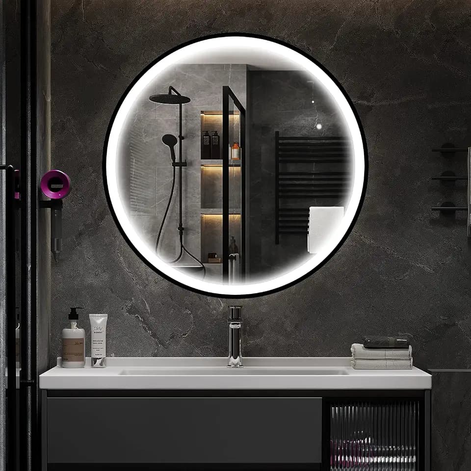 34" LED Lighted Round Mirror Wall Mount Circle Illuminated Bathroom Vanity Mirror with Anti-Fog Demister Pad Built in Touch Switch