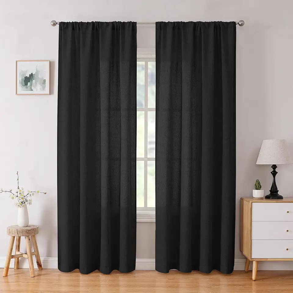 Tollpiz Linen Curtain Living Room Rod Pocket Semi Sheer Curtains Burlap Light Filtering Thick Linen Drape for Bedroom, 54 x 72 inches Long, Black, Set of 2 Panels