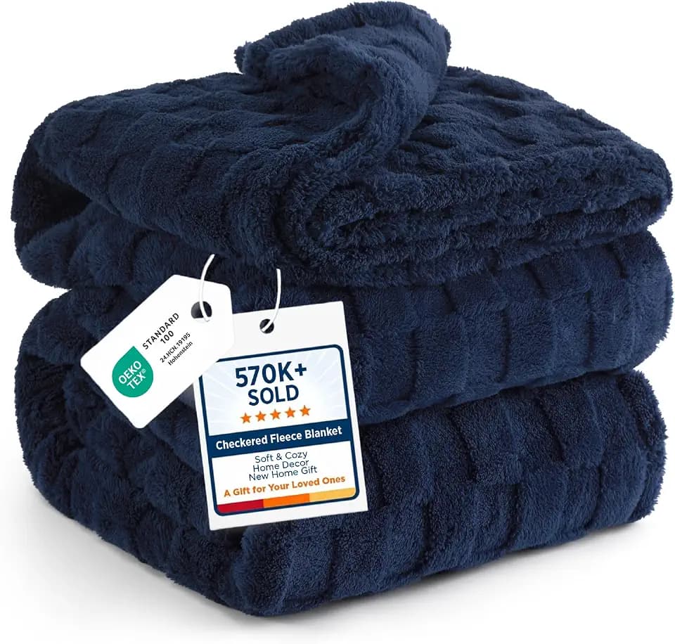 Bedsure Checkered Soft King Size Blankets for Bed, Navy Blue, 108"×90"