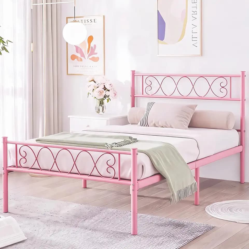 Garvee 14in Twin Metal Platform Bed Frame with Headboard,Pink