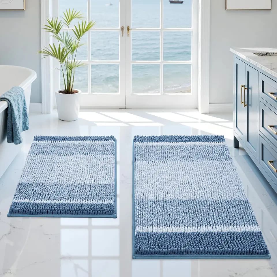 HOMEIDEAS Blue Bathroom Rugs Sets 2 Piece Chenille, 20"x32"+17"x24"
