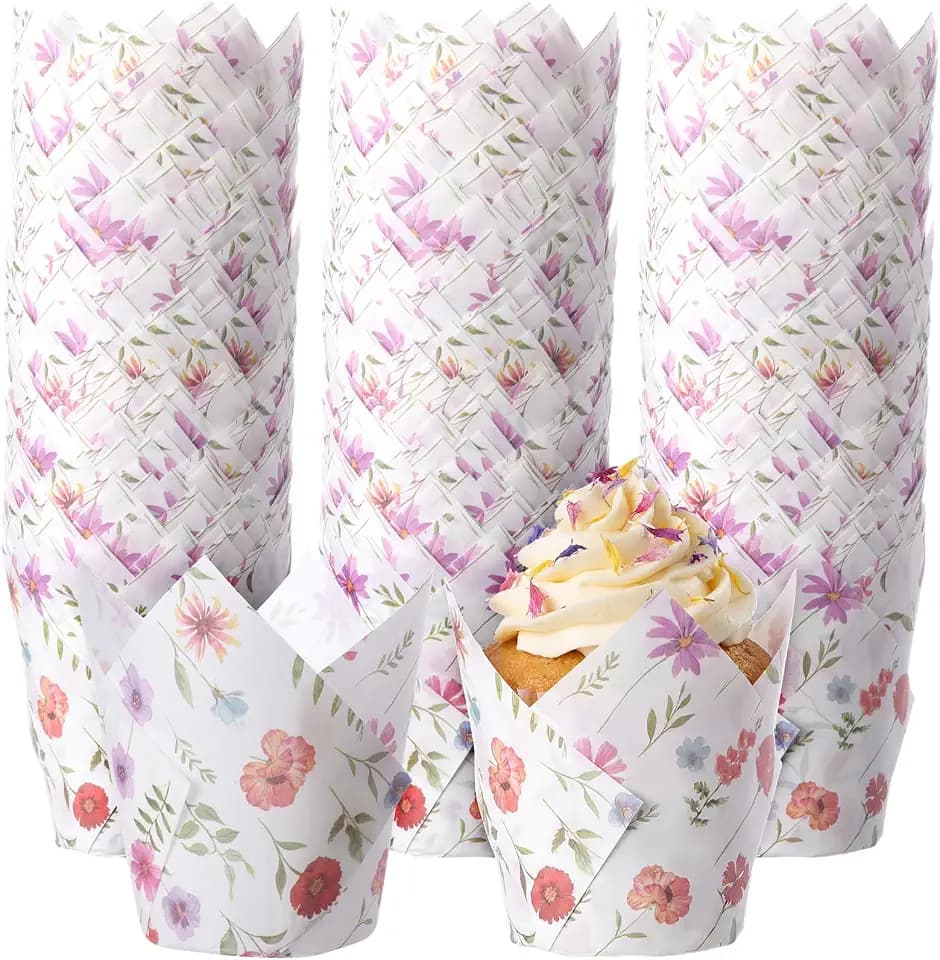 Maxdot 200 Pcs Wildflower Tulip Cupcake Liners for Baking Colorful Floral Paper Muffin Baking Cups Flower Tulip Muffin Liners Wrappers for Baby Shower Wedding Birthday Party Decor