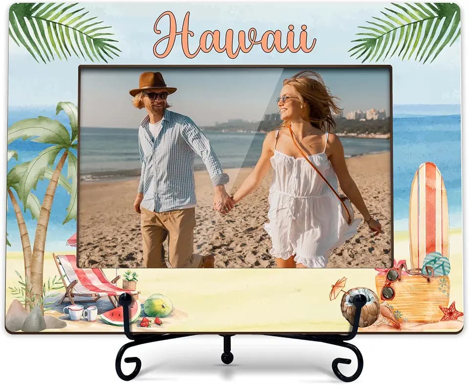 Hawaii Travel Picture Frame, Beach Theme Frame 4x6In, Hawaii Family Vacation Picture Frame, Wooden Photo Frame Gifts for Couples, Couple Picture Frames -B04