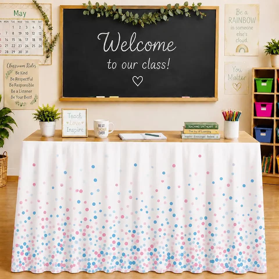 Desk Skirts for Teacher Desk, 6FT Gradient Polka Dot Teacher Table Skirt for Classroom, Pastel Tablecloth Cover Back to School Supplies for Party Birthday Decorations Classroom Organization