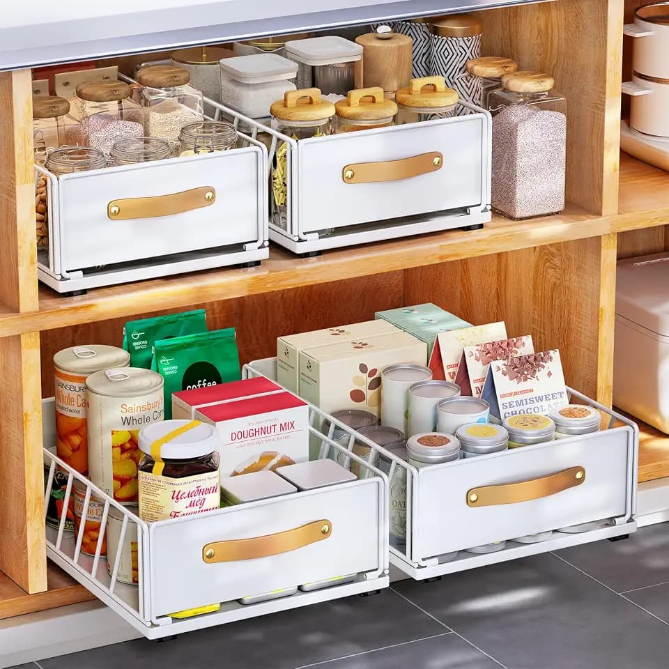 Pull out Cabinet Organizer,Heavy Duty Slide out Pantry Shelves Drawer Storage with Adhesive Nano Film,Sliding Mesh Cabinet Basket with Handle for Kitchen, Bathroom, Home, 9.8"W X 15.7"D X 6.2"H,White