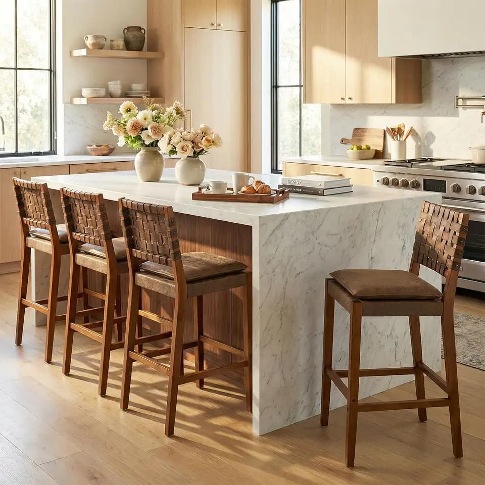Christopher Knight Home Caitlyn Counter Height Bar Stools Set of 4, PU Leather Bar Stool for Kitchen Island, Wooden Dining Room Chair, Counter Stool with Footrest, Dark Brown+Walnut