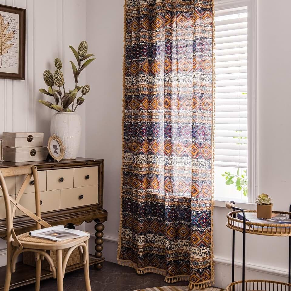 VOGOL Linen Textured Boho Curtains, Colorful Plaid Geo Design Light Filtering Drapes for Dining Room, Thermal Insulated Rod Pocket Window Treatment for Office, 52 x 84, 1 Pack