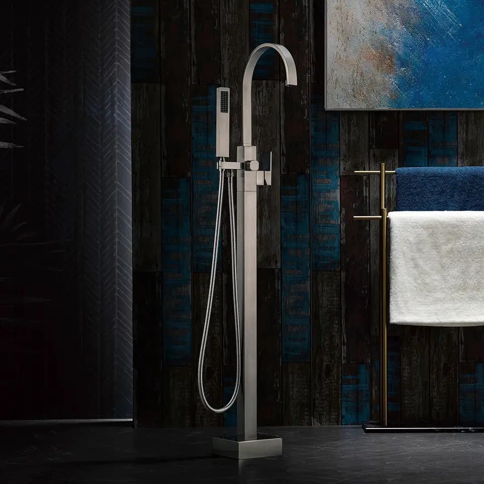 WOODBRIDGE F0060BN Contemporary Single Handle Floor Mount Freestanding Tub Filler Faucet with Hand Shower in Brushed Nickel Finish.