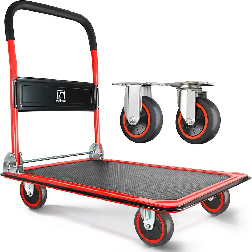 Wellmax Push Cart Dolly, Foldable Moving Platform Flat Cart, 330 lb, Red
