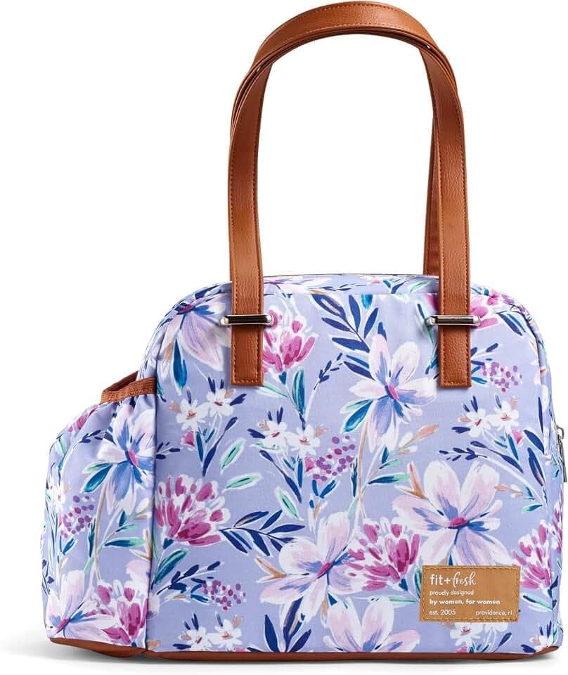 Fit & Fresh Lunch Bag For Women, Insulated Womens Lunch Bag For Work, Leakproof & Stain-Resistant Large Lunch Box For Women With Bottle Pocket, Long Straps, Zipper Closure Laketown Bag Floral Lilac