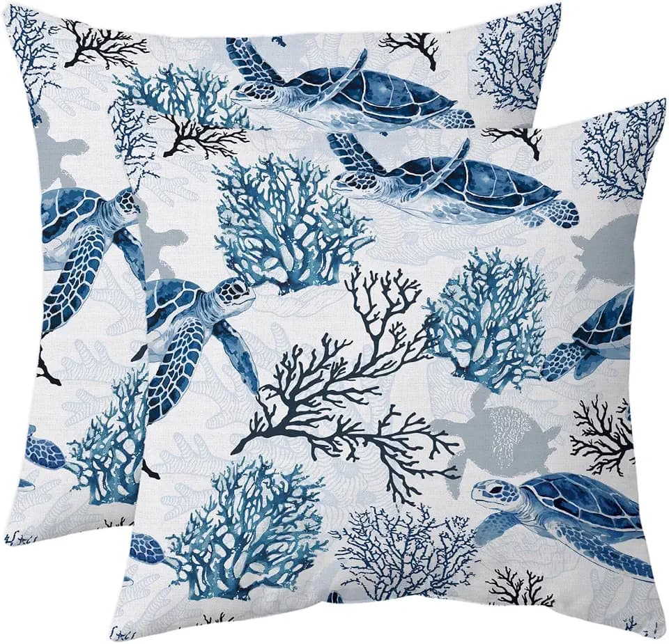 weesire Nautical Coastal Throw Pillow Covers Set of 2 Beach Themed Ocean Coral Sea Turtle Decorative Pillow Cases Outdoor Sofa Cushion Cover for Bedroom Living Room, 18x18, Blue