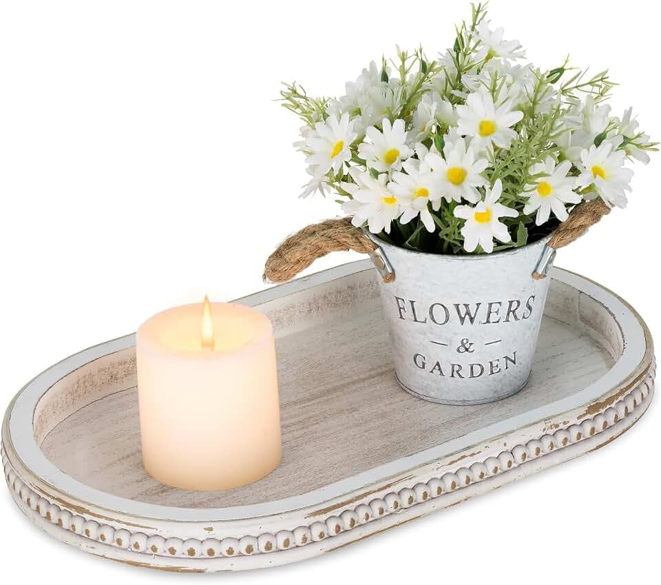 Hanobe 15" White Oval Decorative Trays for Coffee Table Decor, Beaded Edge