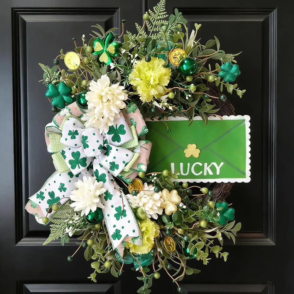 20 Inch St. Patrick's Day Wreath, Lucky Clover Front Door Wreath with Green Lucky Sign & Bow, Green Wreath for Home Porch Walls, Fireplaces, Courtyards Decor St. Patrick's Day Party Decor