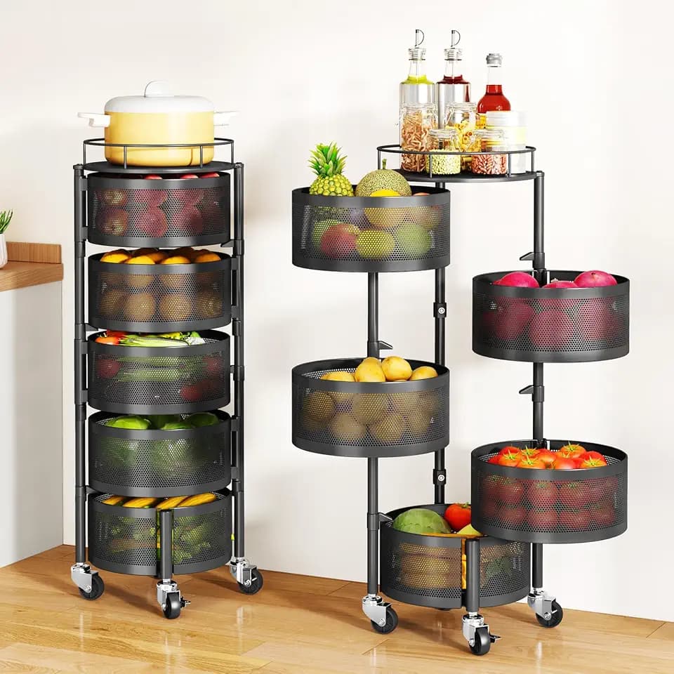 SAYZH 5 Tier Fruit Vegetable Basket Stand for Kitchen, Rotating, Black