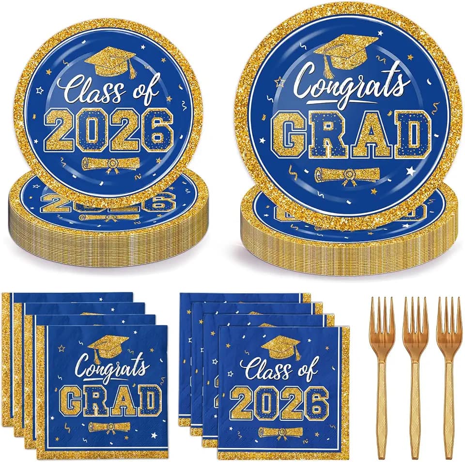 LINHAXM 2026 Graduation Plates and Napkins, Serves 50 – Blue and Gold Graduation Decorations Class of 2026 Disposable Paper Plates, Napkins and Forks for Congrats Grad Party Decorations