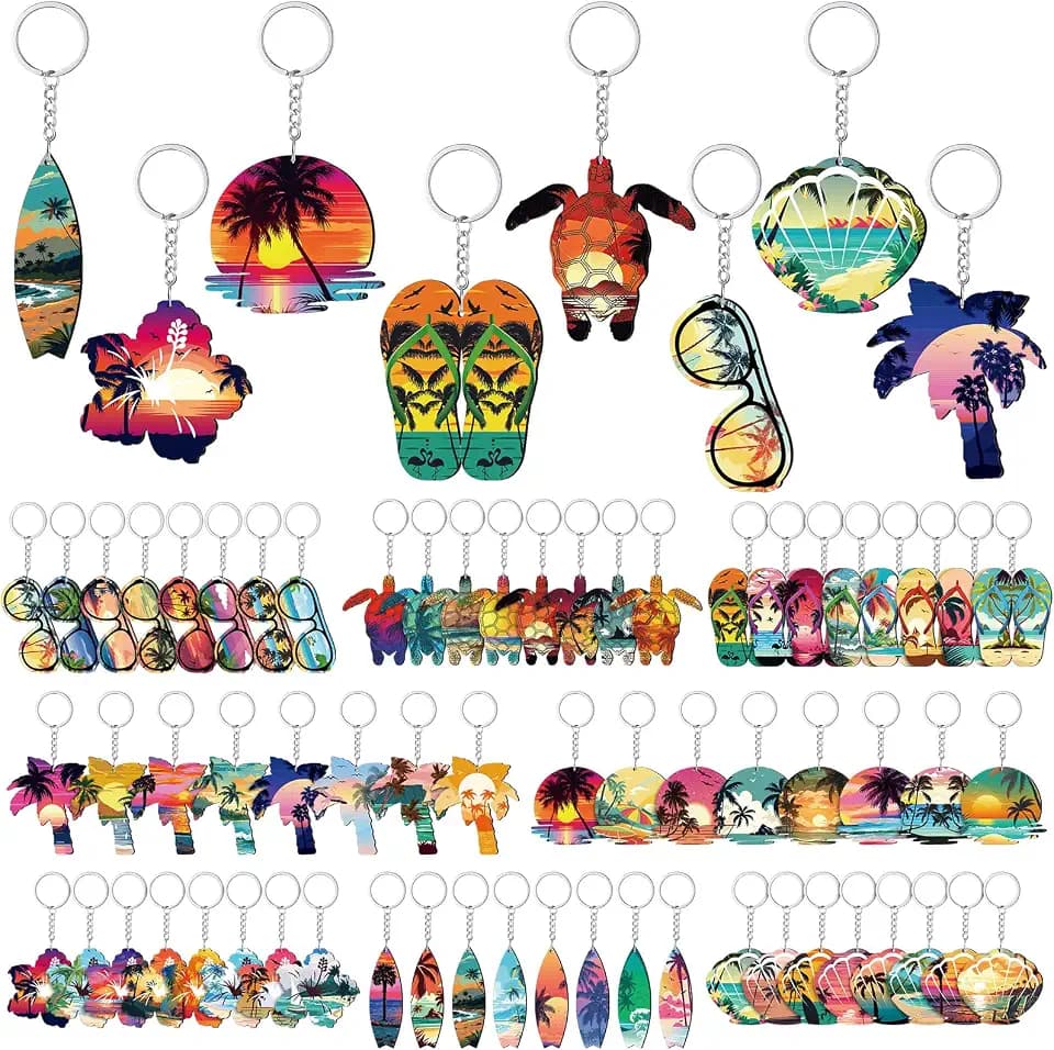 Ferreve 64 Pcs Hawaiian Luau Keychains Bulk, Beach Party Favors Wood