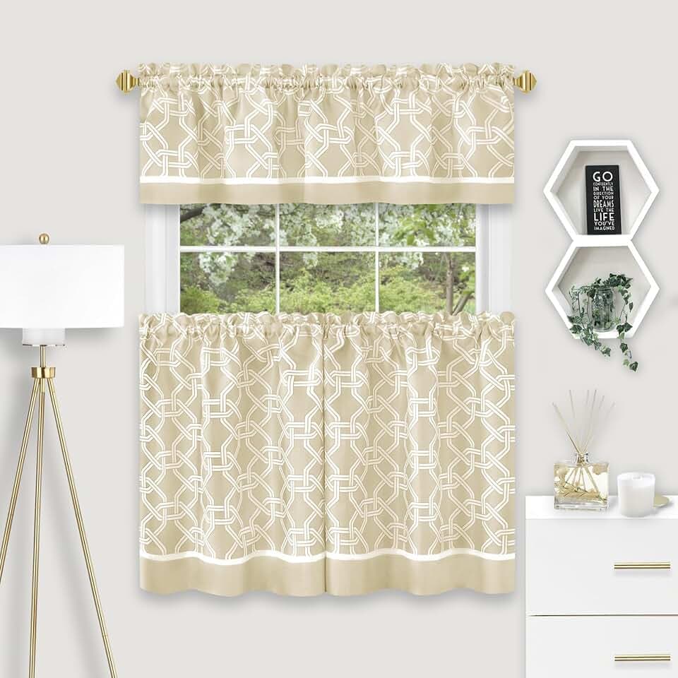 Light Filtering Printed Tier & Valance Window Curtain Set, 58 x 36 in, Tan