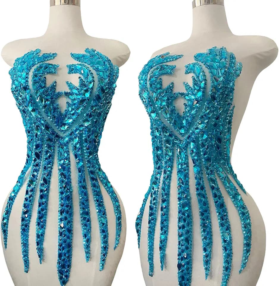 Big Rhinestones Handmade Beautiful Large Bodice Applique Patch with Crystal and Beads for Dresses (Sky Blue)
