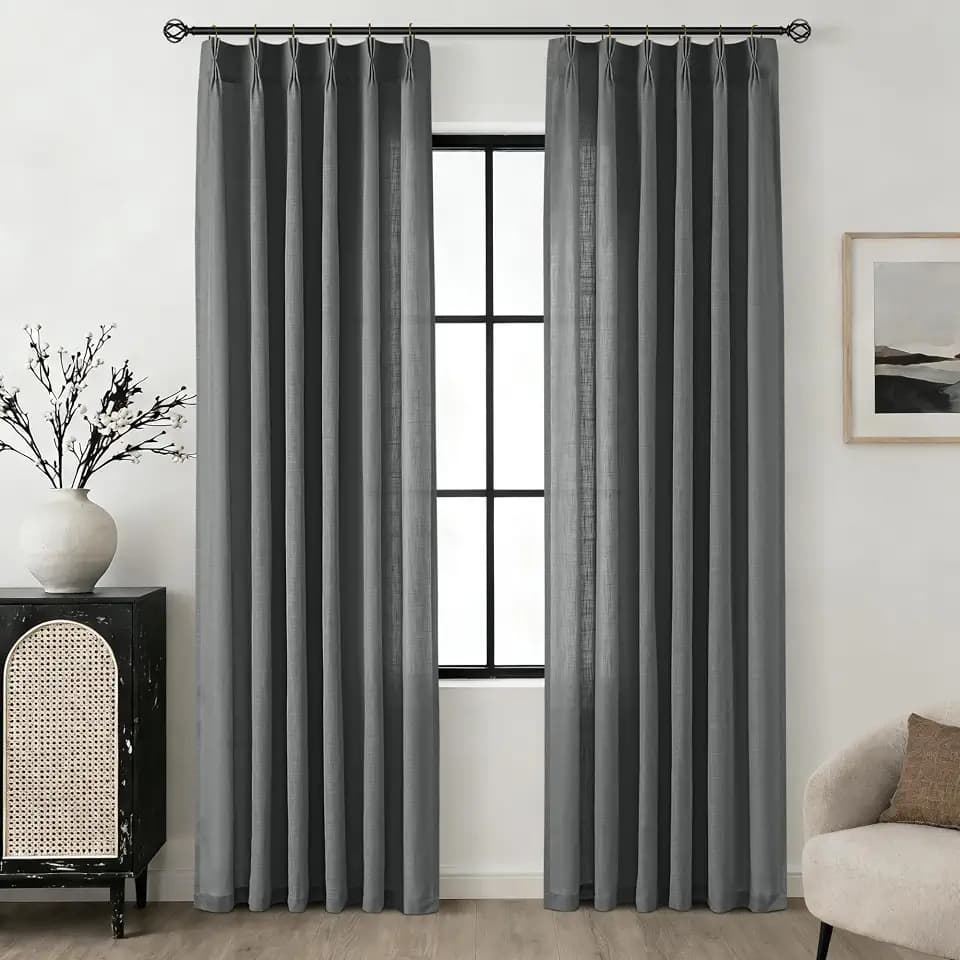 Dark Grey Pinch Pleat Linen Curtains 84 inch Long 2 Panels Set for Living Room Modern Elegant Light Filtering Semi Sheer Coastal Decor Cotton Textured Gauze Curtain Triple Pleated Drapes 84 Length