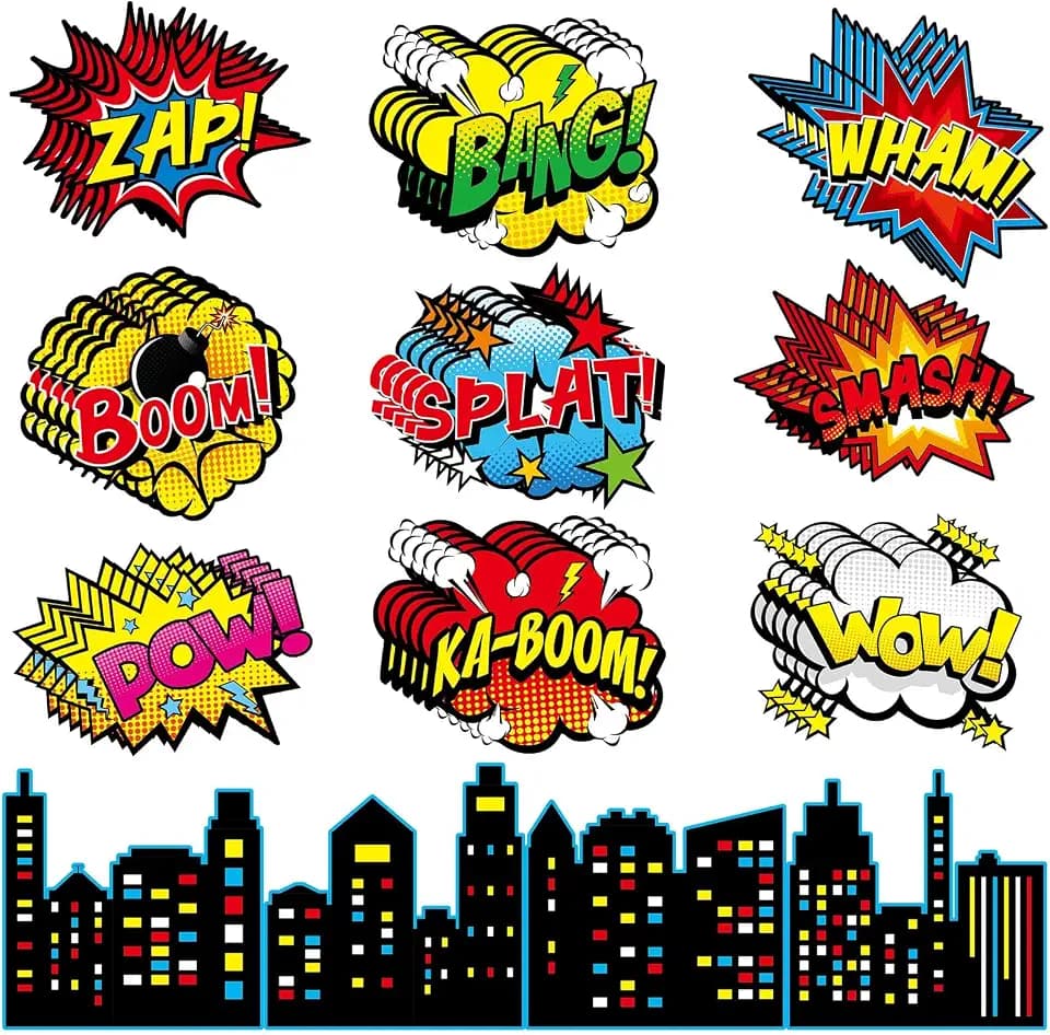 62Pcs Comic Hero Paper Cutouts Hero Themed Birthday Party Decorations
