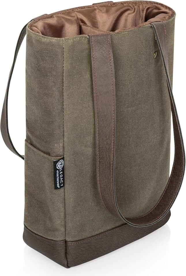 PICNIC TIME 2 and 3 Bottle Insulated Wine Bag, Distressed Waxed Canvas Wine Tote, Durable Bottle Carrier Bag for Gifts and Travel with Side Pockets & Removable Divider (Khaki Green with Brown Accents)