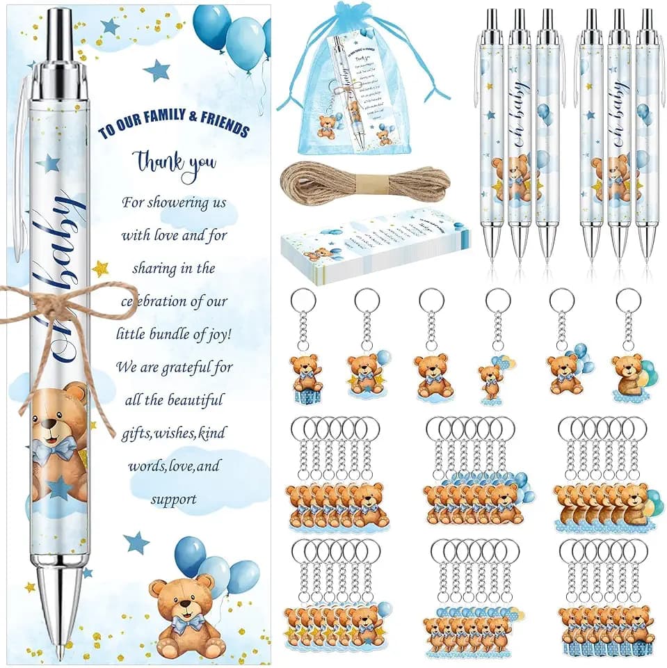 145 Pieces Baby Shower Favors for Guest Blue Teddy Bear Ballpoint Pens and Keychains Gifts for Boys Bulk Retractable Baby Shower Pens Gender Reveal Thank You Cards Souvenirs Prizes Party Favors